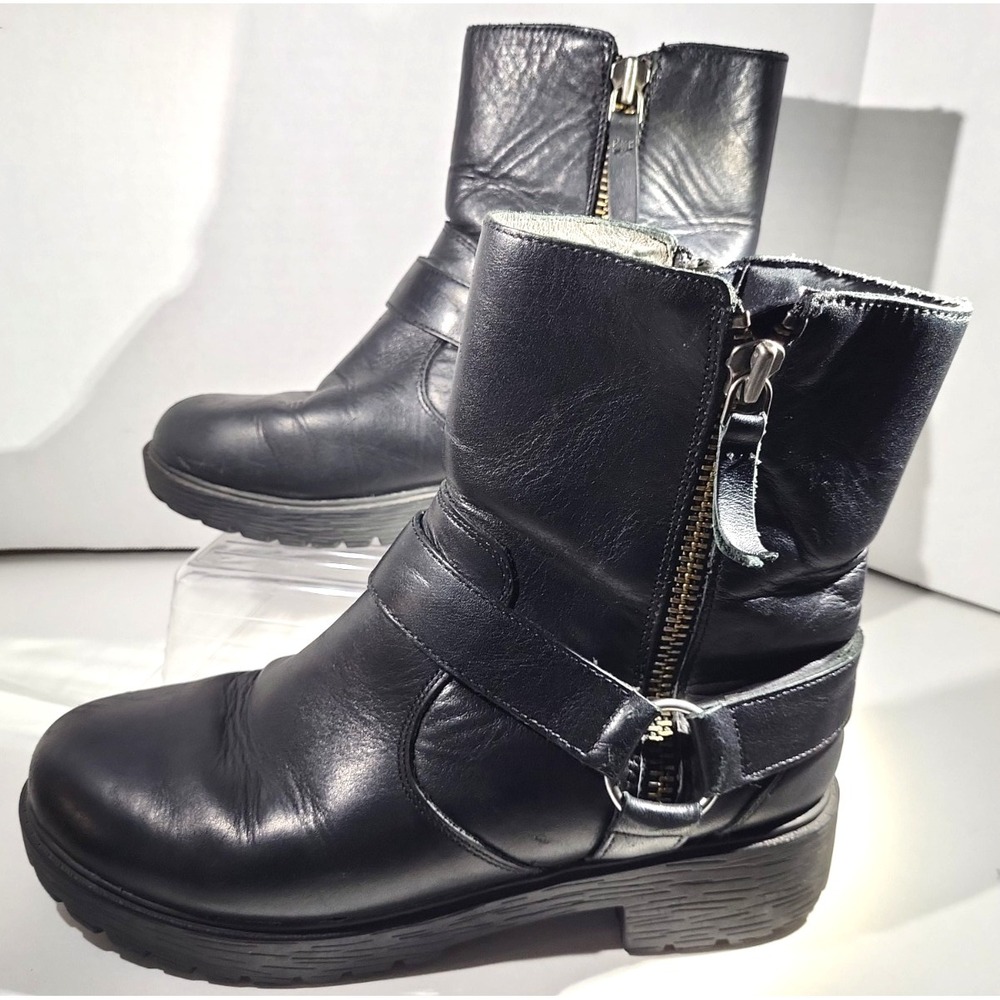 Alegria Chantal Women's Black Leather Harness Moto Boots Dual Zip EU38 US7.5 EUC